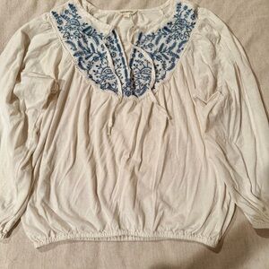 Lucky Brand Embroidered White and Blue cotton blouse